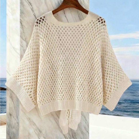New Women' s Cream Open-Knit Tie-Front Sweater Cardigan- Small - Picture 2 of 6
